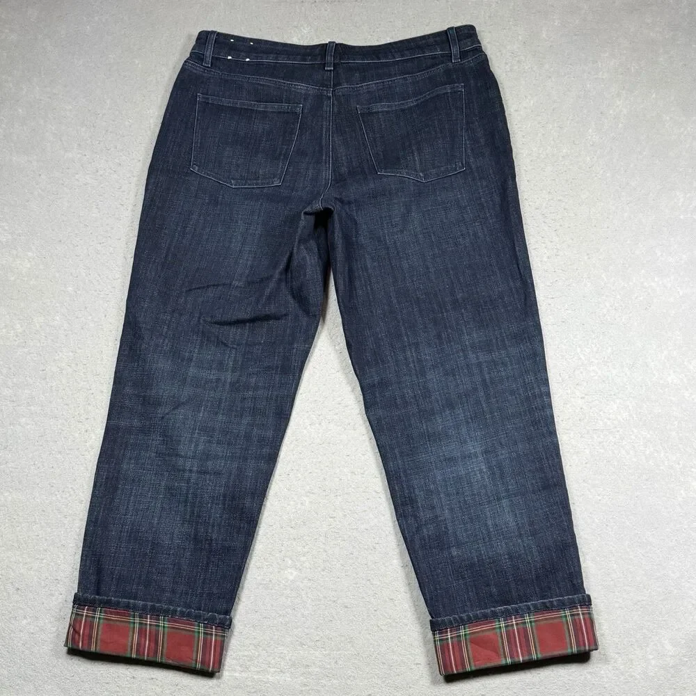 Talbots Everyday Relaxed Jean Size 14 Blue Indigo Plaid Cuff Ankle Flannel Lined